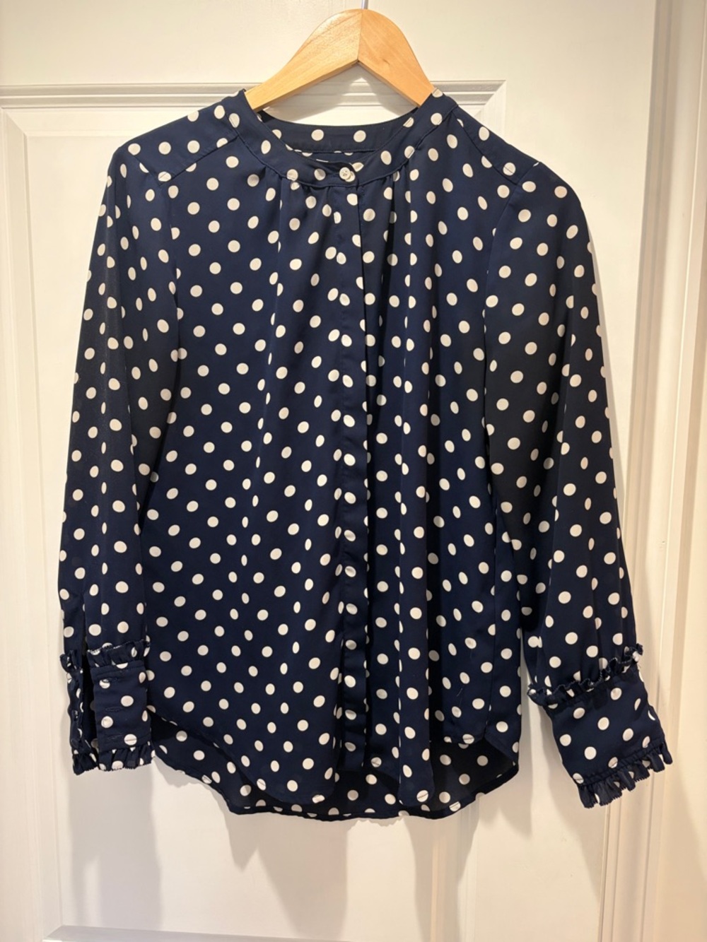 J. Crew Navy Polka Dot Ruffle-Cuff Button Blouse
